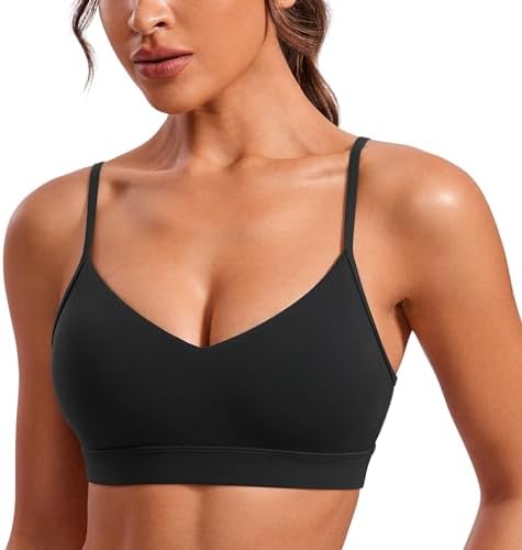CRZ YOGA Butterluxe V-Neck Sports Bras for Women - Adjustable Thin Straps Padded Yoga Top Basic Wireless Camisole