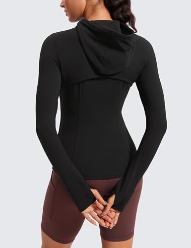CRZ YOGA Butterluxe Womens Hooded Workout Jacket Athletic Running Zip Up With Back Mesh Vent And Thumb Holes