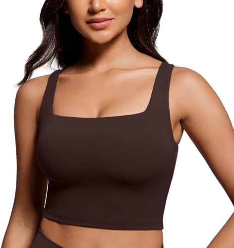 CRZ YOGA Butterluxe Womens Square Neck Longline Sports Bra - Workout Crop Tank Tops Padded Yoga Camisole with Built in Pads