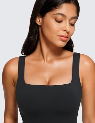 CRZ YOGA Butterluxe Womens Square Neck Longline Sports Bra - Workout Crop Tank Tops Padded Yoga Camisole With Built In Pads