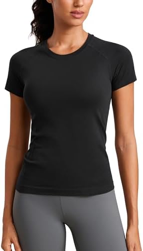 CRZ YOGA Seamless Workout Tops for Women Short Sleeve Athletic Tees Breathable Gym Running Yoga Shirts