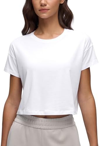 CRZ YOGA Women's Pima Cotton Workout Short Sleeve Shirts Loose Athletic Crop Tops Gym Casual Cropped T-Shirt