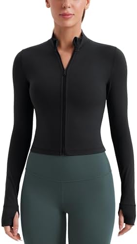 CRZ YOGA Womens Butterluxe Full Zip Cropped Workout Jacket Slim Fit Lightweight Athletic Yoga Tops with Thumb Holes