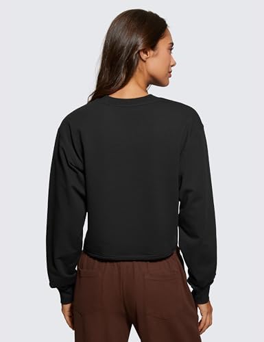 CRZ YOGA Womens Fleece Cropped Sweatshirts Crewneck Long Sleeve Double Raw Hem Workout Casual Pullover Tops