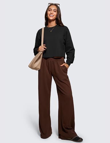 CRZ YOGA Womens Fleece Cropped Sweatshirts Crewneck Long Sleeve Double Raw Hem Workout Casual Pullover Tops