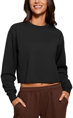 CRZ YOGA Womens Fleece Cropped Sweatshirts Crewneck Long Sleeve Double Raw Hem Workout Casual Pullover Tops