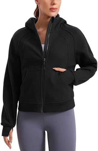 CRZ YOGA Womens Fleece Lined Full Zip Hoodies Oversized Long Sleeve Casual Workout Hooded Sweatshirt with Thumb Holes