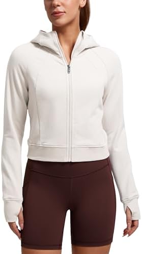 CRZ YOGA Womens Fleece Zip Up Cropped Hoodie Workout Jacket Athletic Casual Long Sleeve Sweatshirts with Thumb Holes