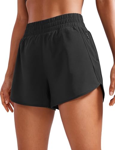 CRZ YOGA Womens High Waisted Running Shorts Mesh Liner 3'' Dolphin Quick Dry for Athletic Gym Track Workout with Zip Pocket