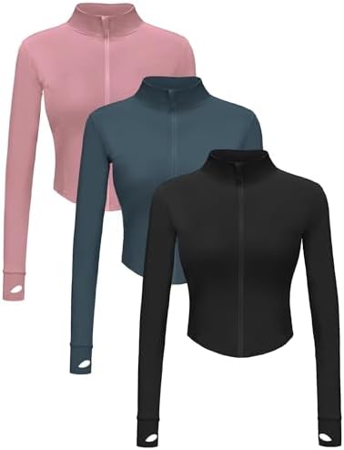 Dalavch 3 Pack Womens Cropped Full Zip up Workout Jacket Slim Fit Running Athletic Gym Yoga Sports Jacket with Thumb Holes