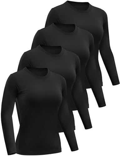 Dalavch 4/5 Pack Women’s Long Sleeve Basic Shirts Crew Neck Slim Fitted Compression Gym Workout Athletic Underscrubs Tops