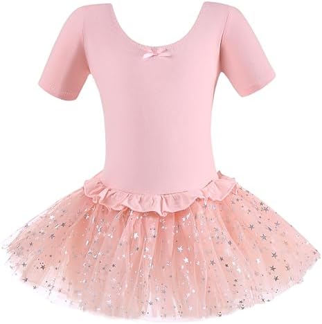 Dancina Girls Skirted Leotard Sparkle Short Sleeve Tutu Ballet Dress Front Lined