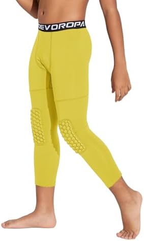 DEVOROPA Youth Boys' Compression Pants with Knee Pads 3/4 Basketball Athletic Tights Quick Dry Sports Workout Leggings