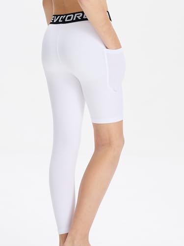 DEVOROPA Youth Boys One Leg Compression Pants For Basketball 3/4 Leggings Sports Tights Athletic Soccer Baselayer Pockets