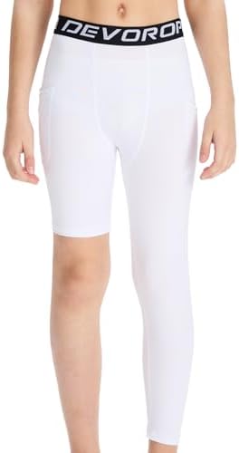DEVOROPA Youth Boys One Leg Compression Pants for Basketball 3/4 Leggings Sports Tights Athletic Soccer Baselayer Pockets