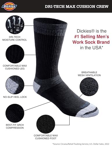 Dickies Men's Dri-tech Moisture Control Max Full Cushion Crew Socks Available In M-XL (6 12 Pairs)
