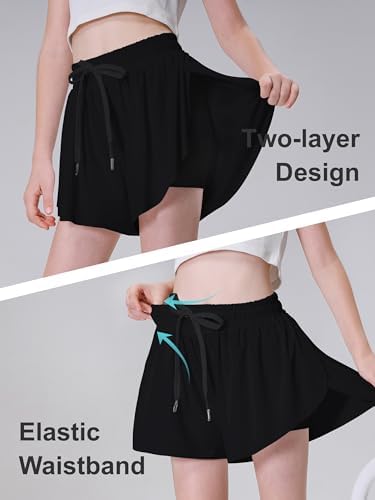 DIPUG Girls Butterfly Shorts With Pocket 2-in-1 Flowy Athletic Skots For Tennis Running Dance 5-16