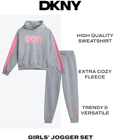 DKNY Girls Jogger Set - 2 Piece Soft Fleece Athletic Pullover Hooded Kids Sweatshirts And Jogger Sweatpants For Girls