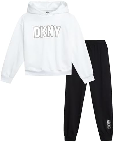 DKNY Girls Jogger Set - 2 Piece Soft Fleece Athletic Pullover Hooded Kids Sweatshirts and Jogger Sweatpants for Girls