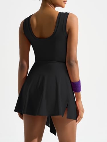 Dokuritu Tennis Dresses For Women Sleeveless Crew Neck Knot Romper Built In Shorts U-Shaped Back Workout Athletic Dress