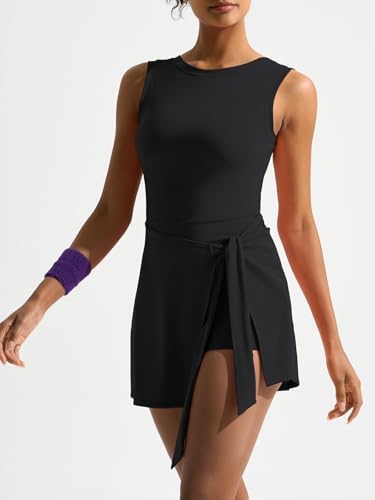 Dokuritu Tennis Dresses For Women Sleeveless Crew Neck Knot Romper Built In Shorts U-Shaped Back Workout Athletic Dress