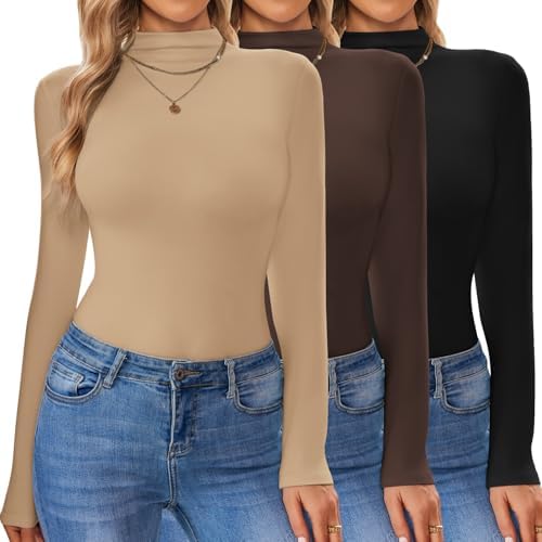 Ekouaer 3 Pack Turtleneck Shirt Women Long Sleeve Mock Neck Slim Fit Tops Winter Thermal Base Layer Soft Stretch Undershirts