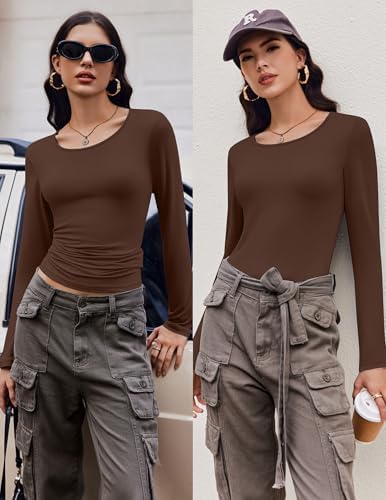 Ekouaer Long Sleeve Shirts For Women 3 Pack Scoop Neck Fitted Tops Thermal Undershirt Stretch Base Layer Soft Tee XS-XXL