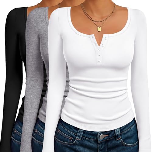 Ekouaer Women's Long Sleeve Henley T Shirts 3 Packs Fall Button Slim Fit Tops Basic Base Layer Soft Thermal Undershirts