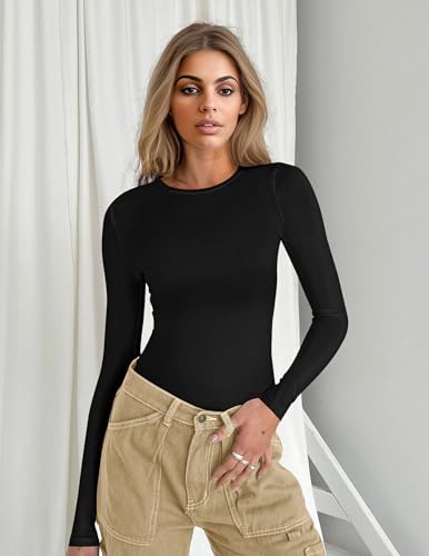 Ekouaer Women's Long Sleeve Shirts Tight Fitted Tops Crewneck Underscrubs Tee Lightweight Basic Thermal Undershirts