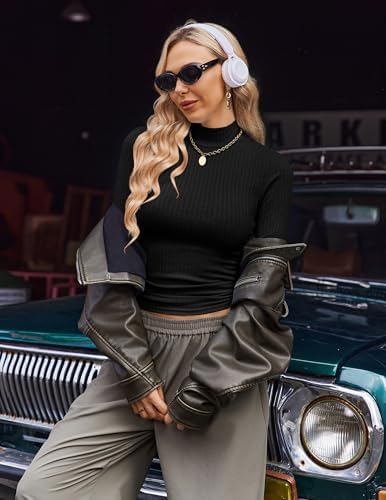 Ekouaer Women's Mock Turtleneck Long Sleeve Shirts Ribbed Knit Lightweight Pullover Sweater Stretch Fitted Thermal Top