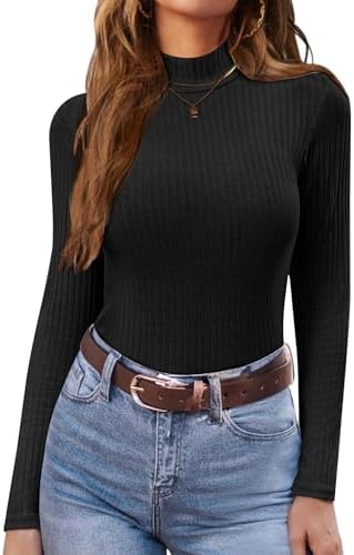 Ekouaer Women's Mock Turtleneck Long Sleeve Shirts Ribbed Knit Lightweight Pullover Sweater Stretch Fitted Thermal Top