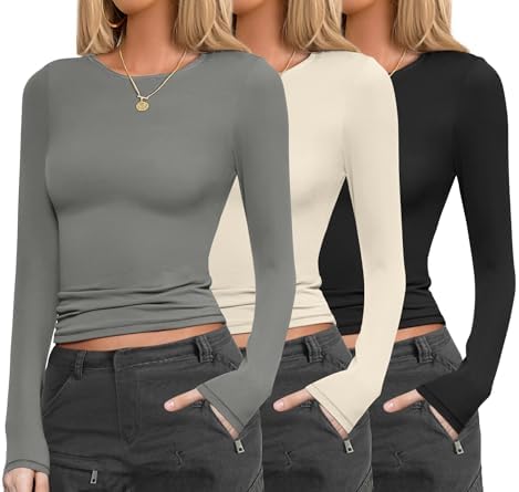 Ekouaer Womens 3 Pack Long Sleeve Shirts Fitted Tops Base Layering Tight Thermal Undershirts XS-XXL