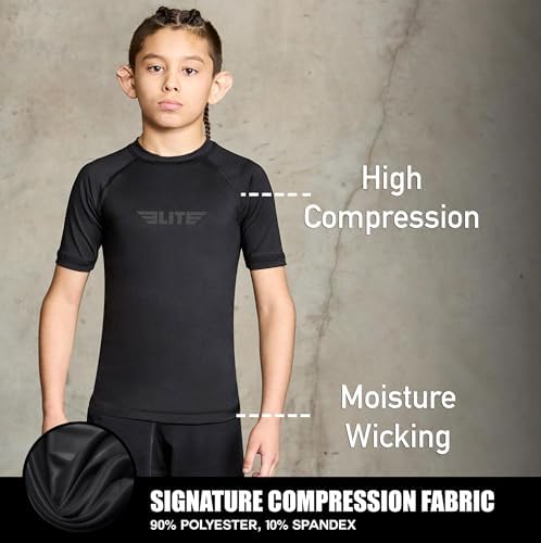 Elite Sports Kids Jiu Jitsu BJJ Rash Guard Short Half Sleeve Compression Shirt For Youth Boys Girls Sports Nogi Training