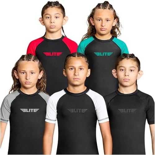 Elite Sports Kids Jiu Jitsu BJJ Rash Guard Short Half Sleeve Compression Shirt for Youth Boys Girls Sports Nogi Training