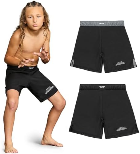 Elite Sports Kids MMA BJJ No GI UFC Grappling Shorts Sports Shorts for Boys & Girls Youth Jiu Jitsu Training Shorts Black