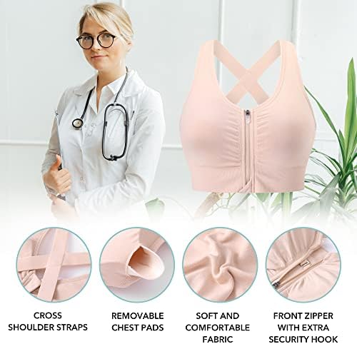 Evercute Zip Front Post-Surgery Bra Women's Wireless Sports Bras Padded Strappy Medium Support Yoga Exercise Athletic Bras