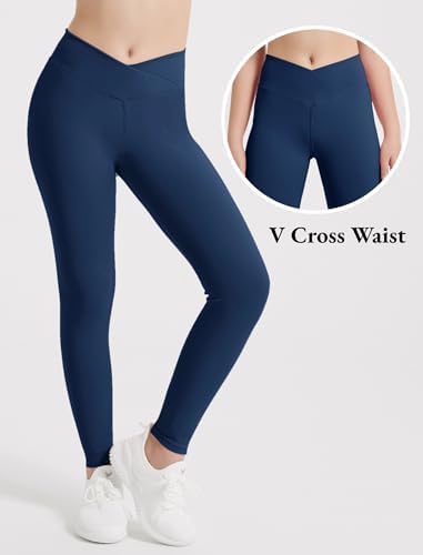 EXARUS 4 Pack Girls Leggings Teen Yoga Pants Crossover V Waist Ankle/Full Length High Waisted For Sports Tween Casual