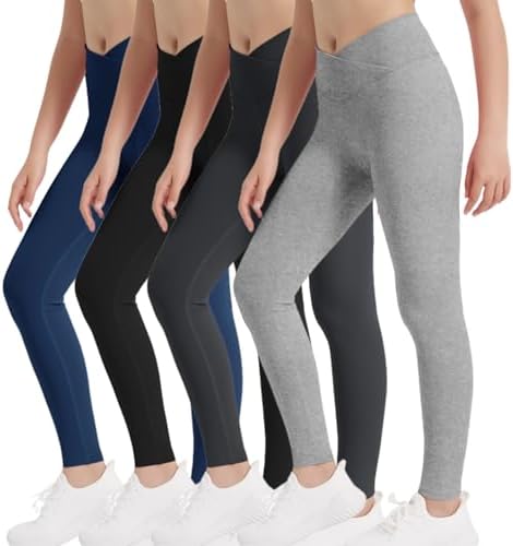 EXARUS 4 Pack Girls Leggings Teen Yoga Pants Crossover V Waist Ankle/Full Length High Waisted for Sports Tween Casual