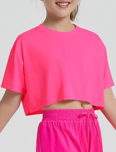 EXARUS Girls Athletic Shirts Short Sleeve Crop Tops/Split Back Quick Dry T Shirt Workout Summer Casual Kids 6-14Y