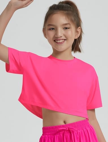 EXARUS Girls Athletic Shirts Short Sleeve Crop Tops/Split Back Quick Dry T Shirt Workout Summer Casual Kids 6-14Y
