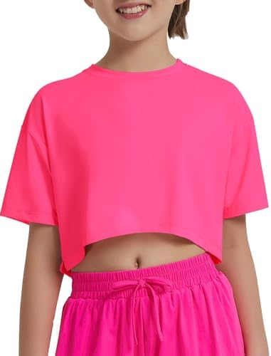 EXARUS Girls Athletic Shirts Short Sleeve Crop Tops/Split Back Quick Dry T Shirt Workout Summer Casual Kids 6-14Y