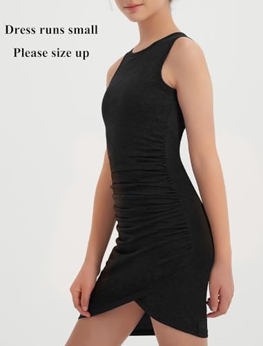 EXARUS Girls Bodycon Ruched Dresses Short Tight Plain Wrapped Fitted Sleeveless Tank Party Casual Mini Dress
