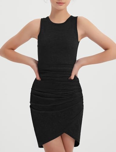 EXARUS Girls Bodycon Ruched Dresses Short Tight Plain Wrapped Fitted Sleeveless Tank Party Casual Mini Dress