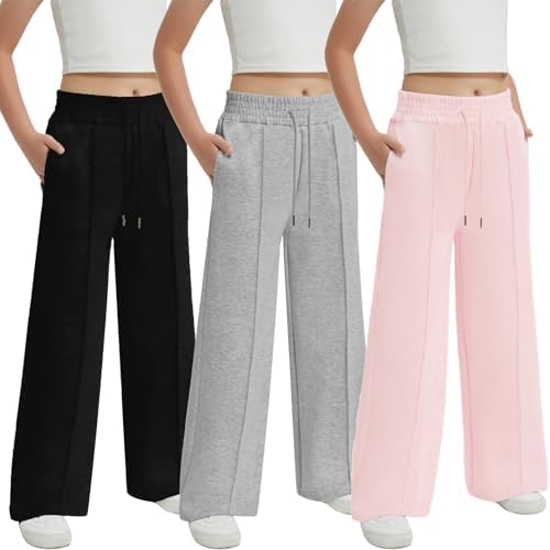 EXARUS Girls Sweatpants Front Seam Drawstring High Waist Wide Leg Sweat Pants Baggy Causal Kids High Waisted 6-14Y