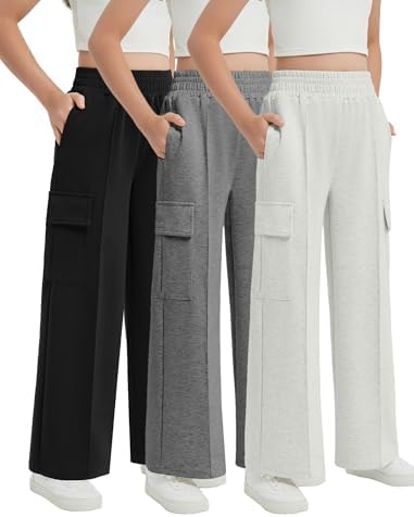 EXARUS Girls Sweatpants Wide Leg Baggy Teen Sweat Pants Cargo/Side Striped/Crossover V Waist Casual with Pockets 6-14Y