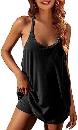 Faleave Women's Summer Sleeveless Mini Dress Athletic Spaghetti Strap Built-in Shorts Tennis Sundress with Pockets