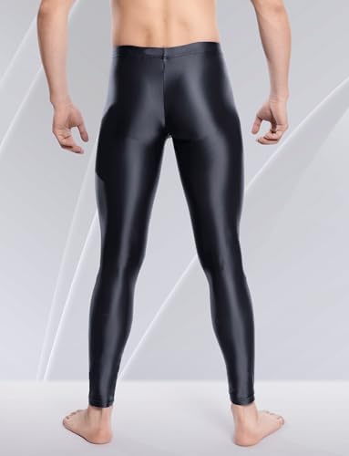 FEOYA Mens Oil Shiny Glossy Compression Pants Stretchy Nylon Smooth Bulge Pouch Leggings Tights Pants