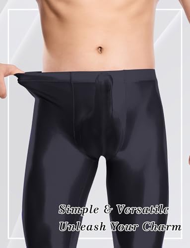 FEOYA Mens Oil Shiny Glossy Compression Pants Stretchy Nylon Smooth Bulge Pouch Leggings Tights Pants