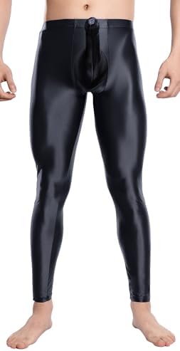 FEOYA Mens Oil Shiny Glossy Compression Pants Stretchy Nylon Smooth Bulge Pouch Leggings Tights Pants
