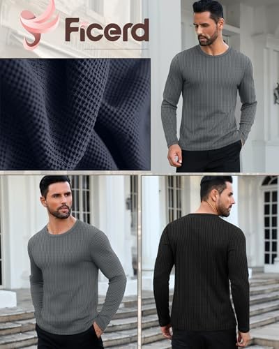 Ficerd 3 Pack Men's Waffle Long Sleeve Shirts Crew Neck Thermal Underwear Tops Casual Pullover Sweaters Knit Undershirts